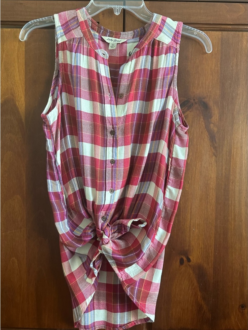 Lucky Brand Red and Cream Plaid Sleeveless Button-Front Tie Hem Top